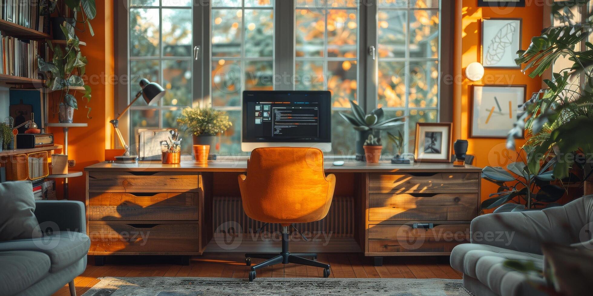 In the living room, there is a desk and chair with a computer on it photo