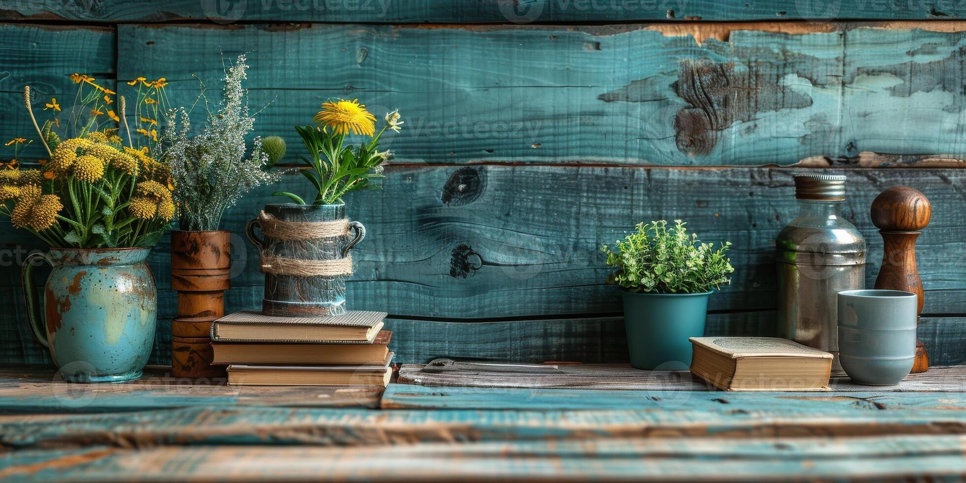 Rustic Wooden Shelf with Books and Rustic Decor, creating a cozy space in a countryside home photo