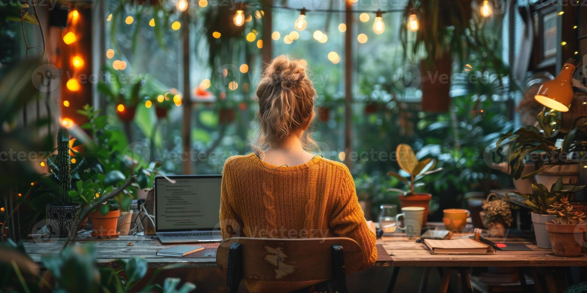 A woman is sitting at a desk in a greenhouse using a laptop computer photo