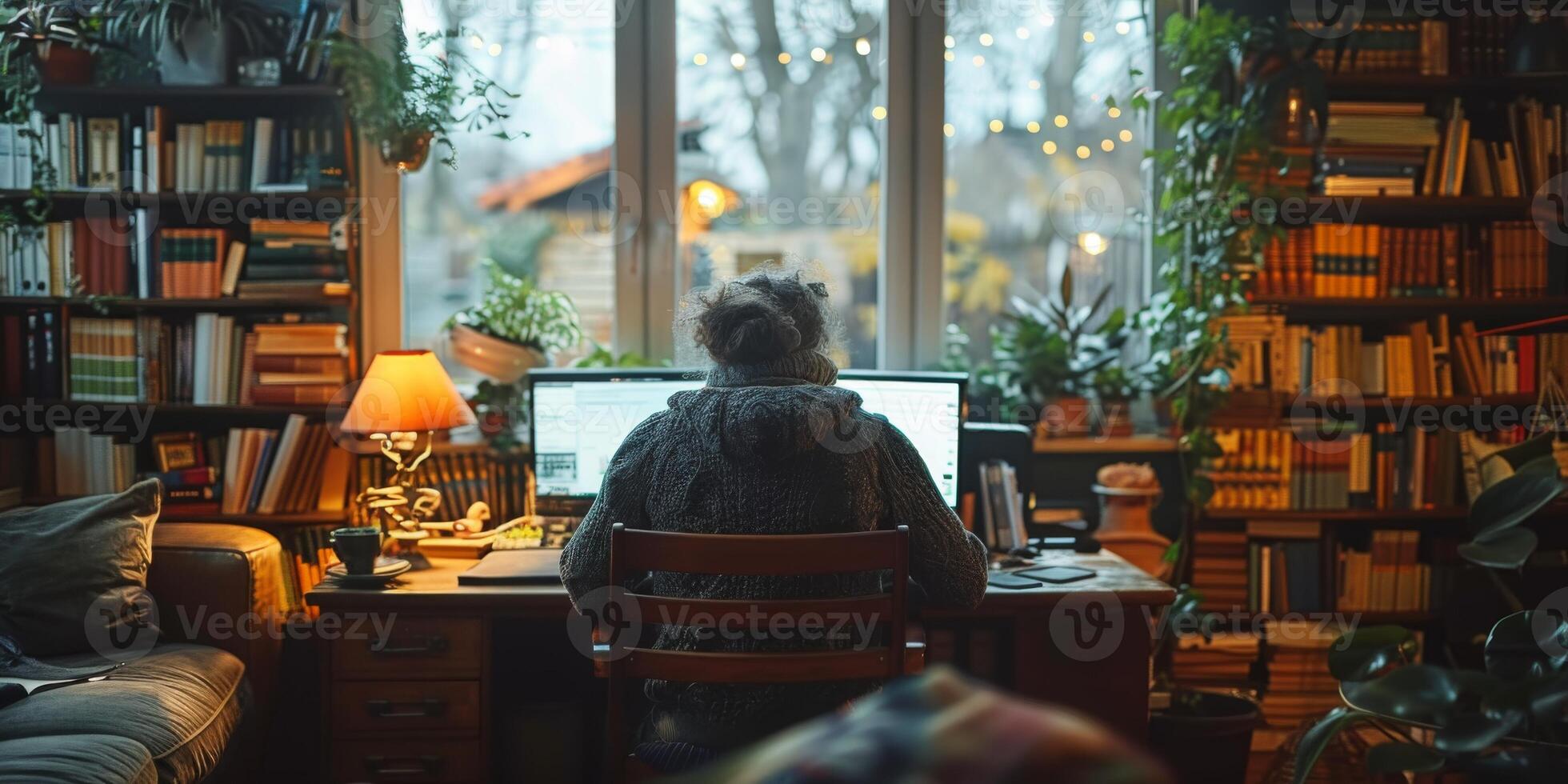 In an indoor setting, a woman is seated at a desk and using a computer photo