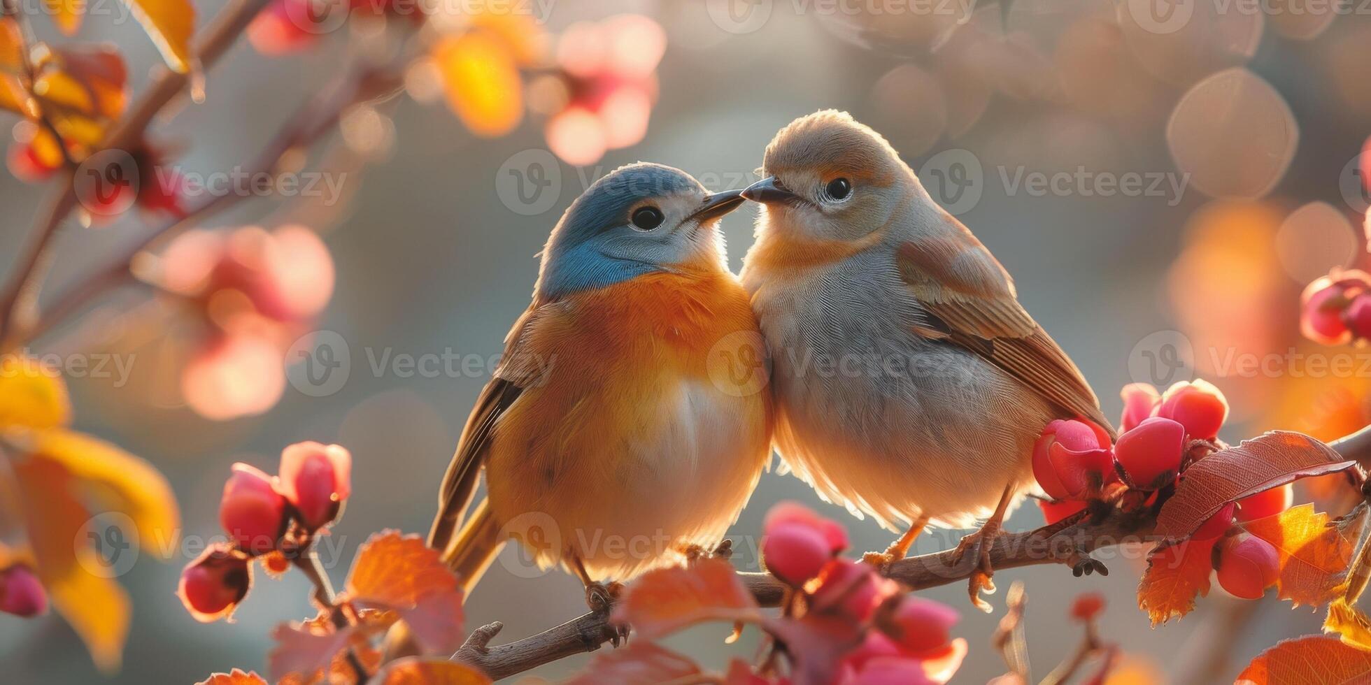 Two birds on a branch, gazing at each other in a natural setting photo