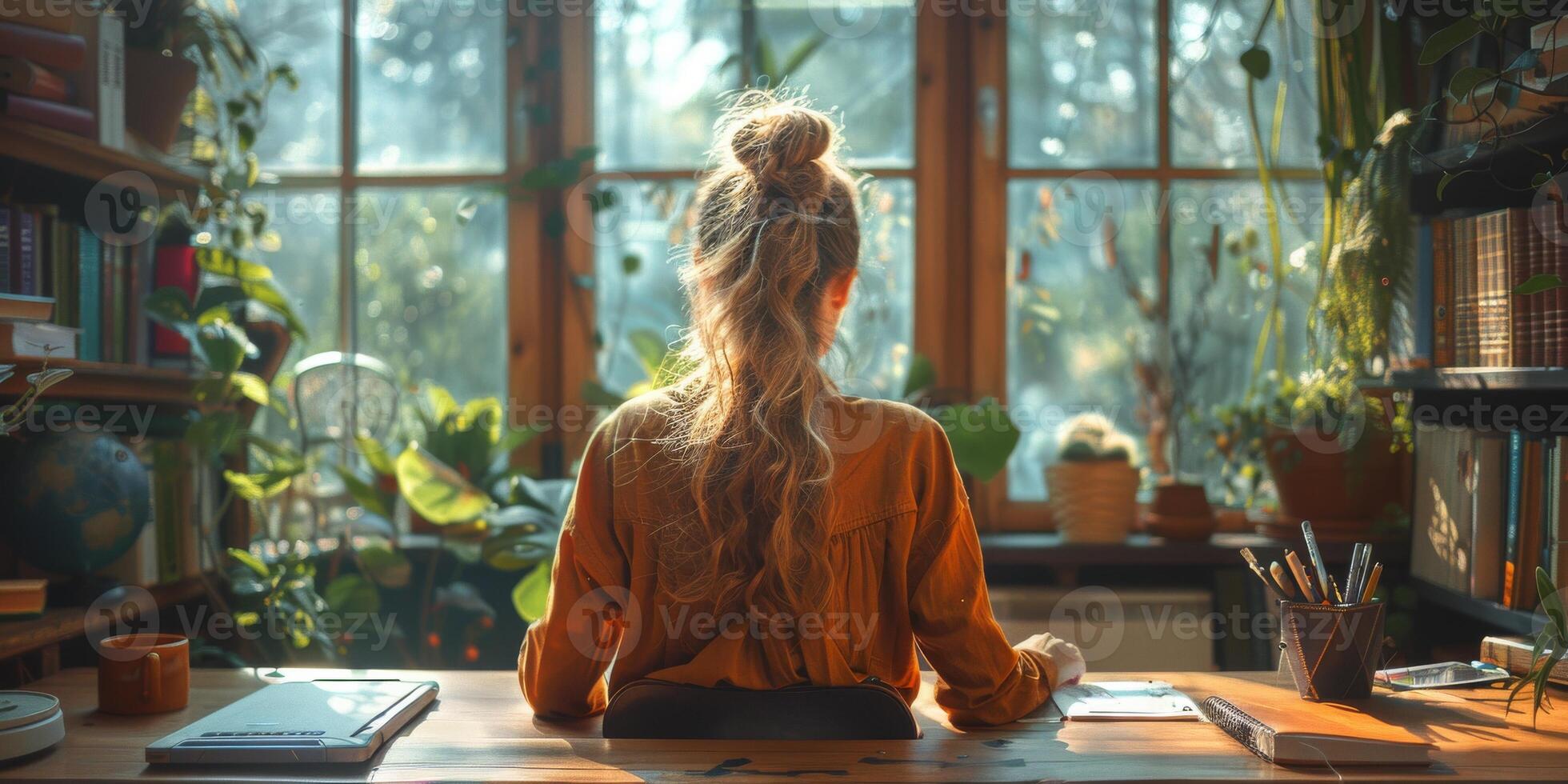 A woman sitting at a desk beside a window in the morning photo