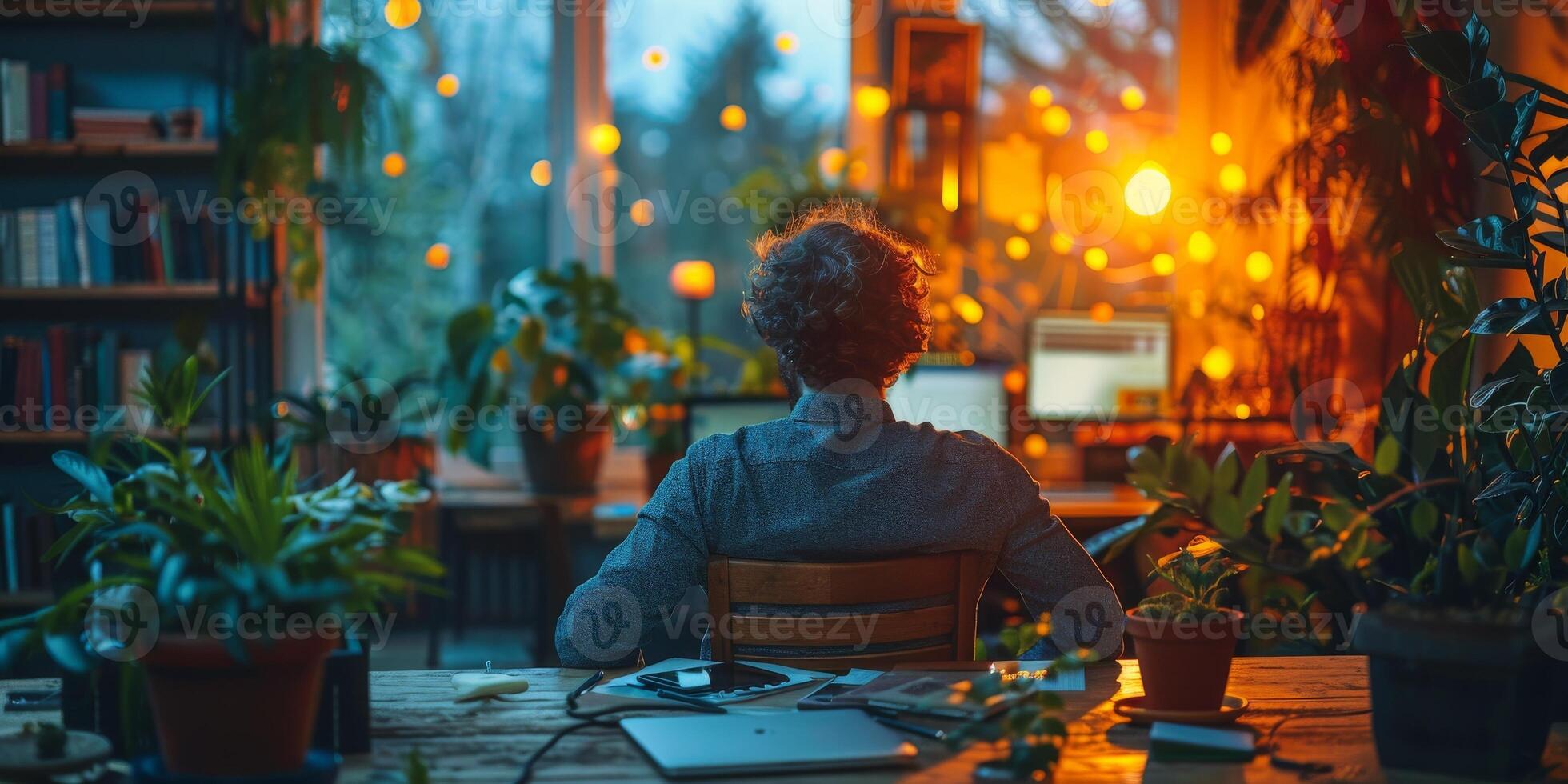 A woman is working at a desk with a computer, surrounded by potted plants photo