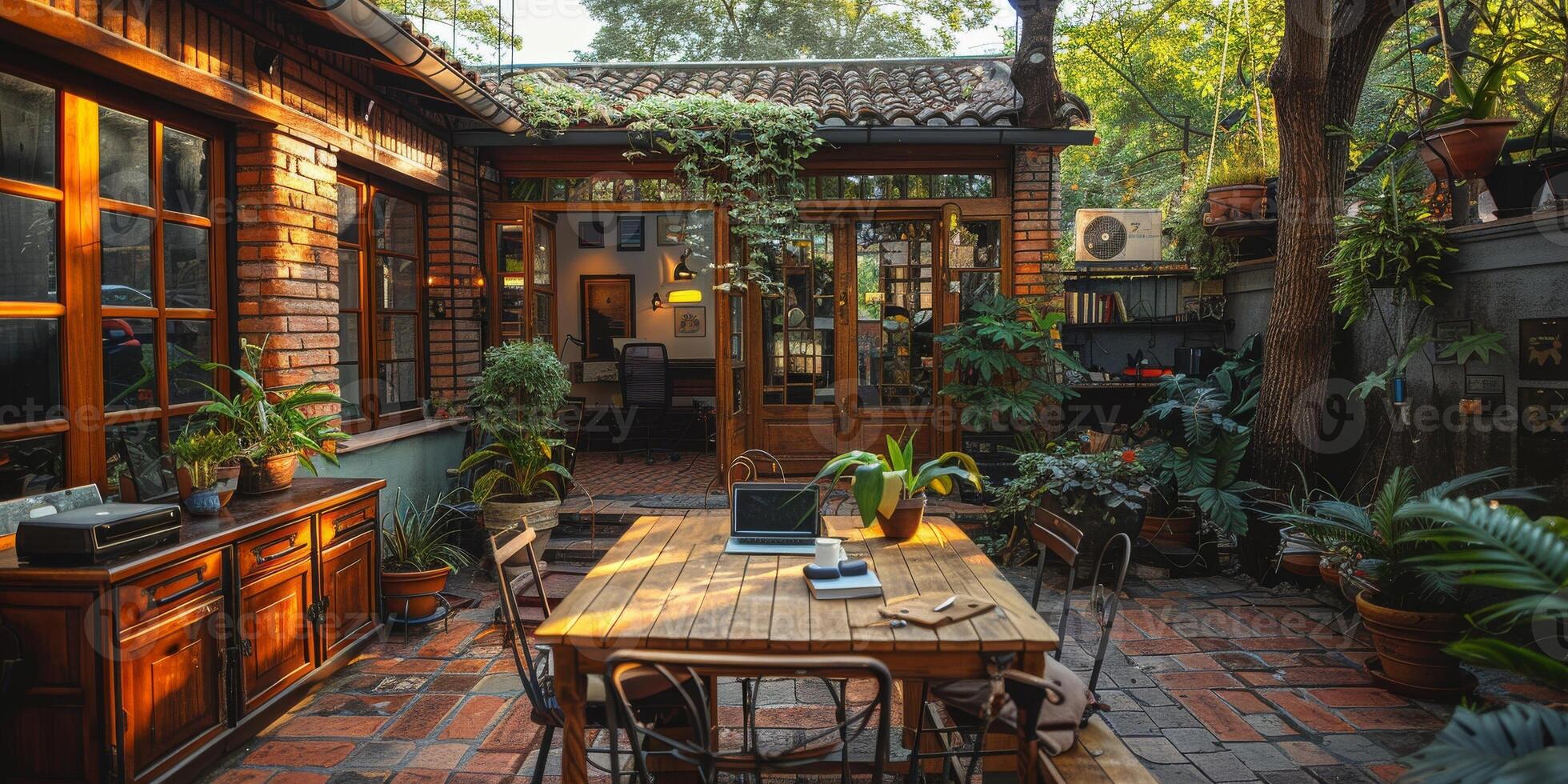 In the courtyard, there is a wooden table with a laptop photo