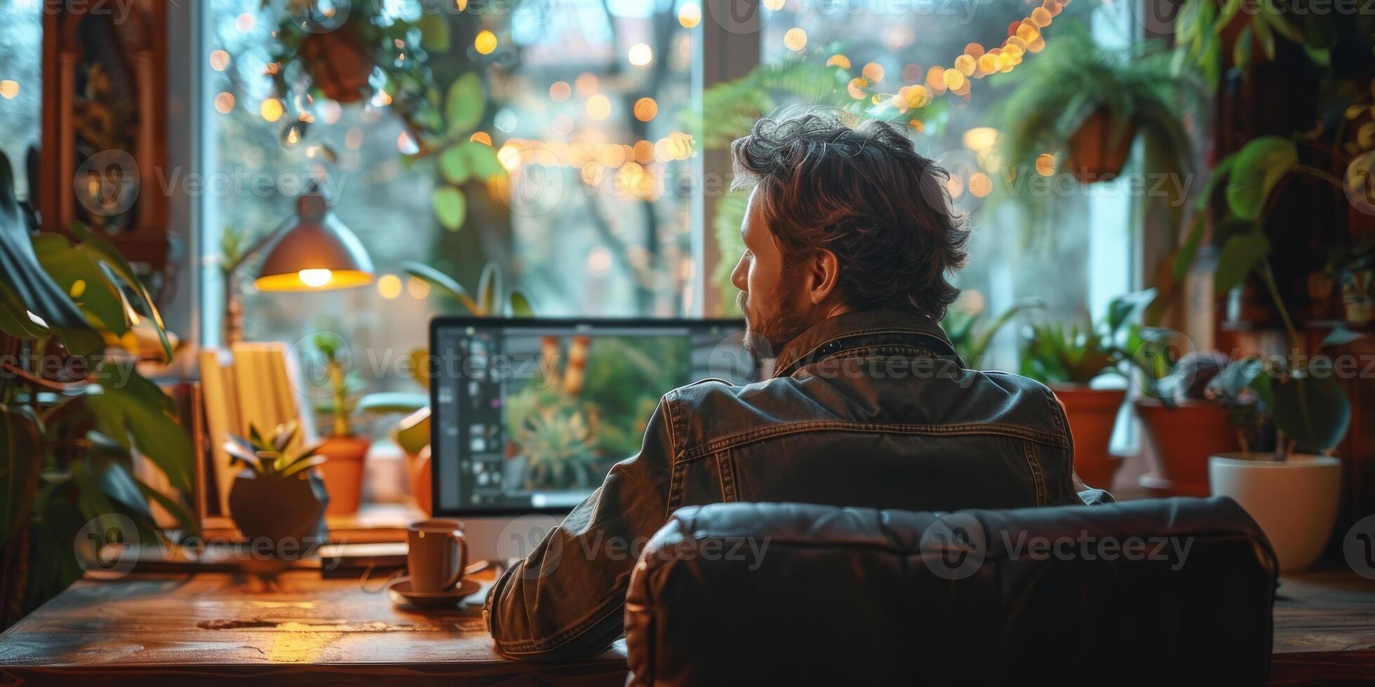 A man in a room, at a desk with a computer, sun shining through the window photo