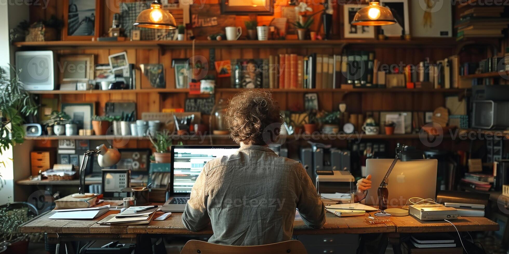A man sits at a desk in front of a bookshelf with a sign i love you photo