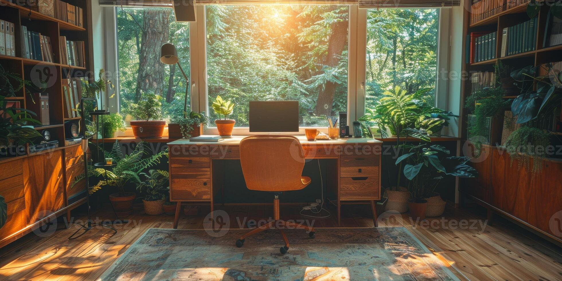 A desk with a laptop placed in a room filled with various plants photo