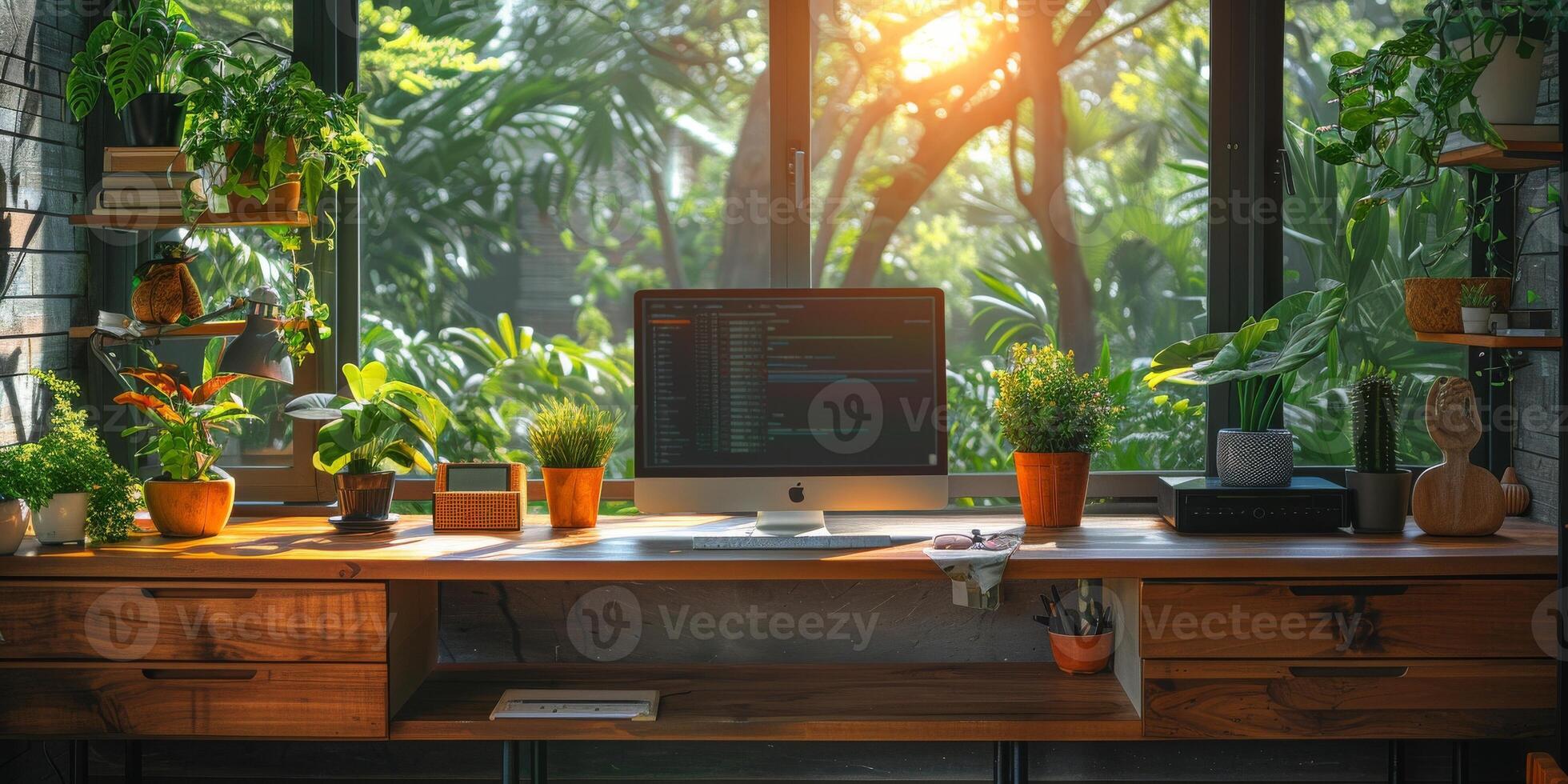 A computer is placed on a desk next to a window surrounded by potted plants photo