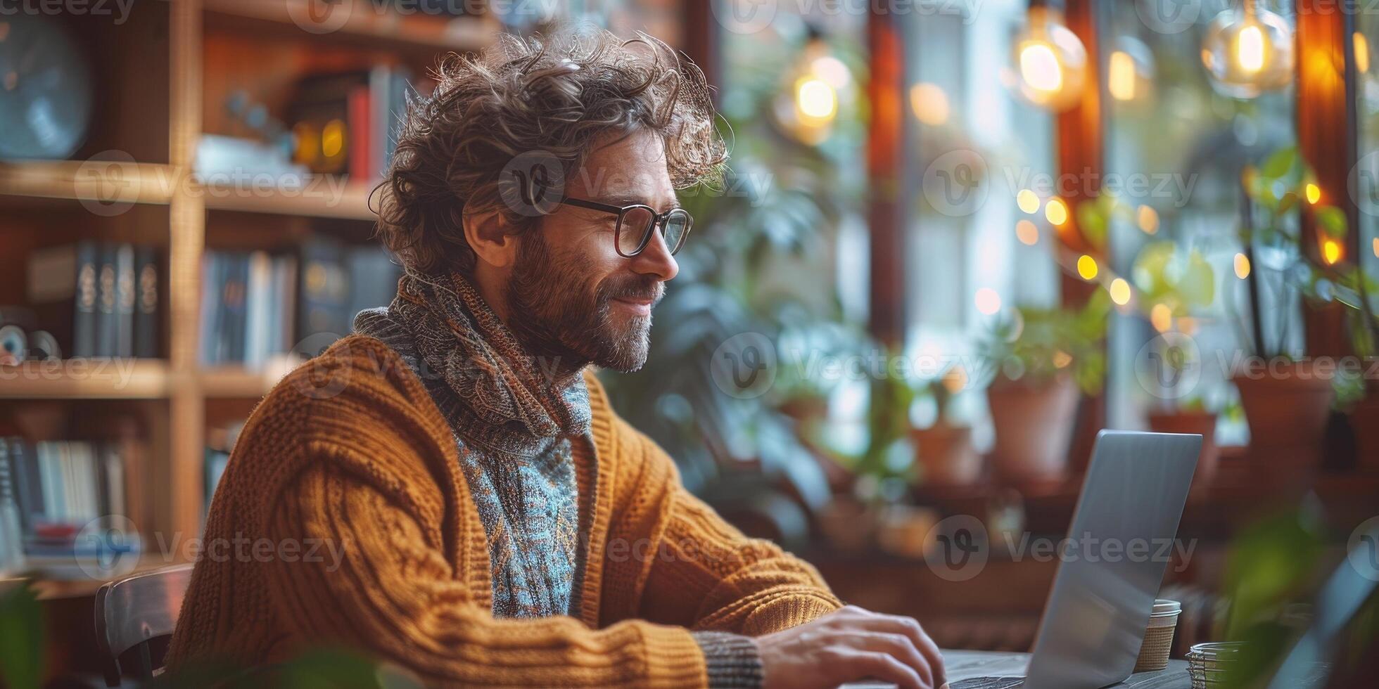 A man with a beard is sitting at a table using a laptop computer photo