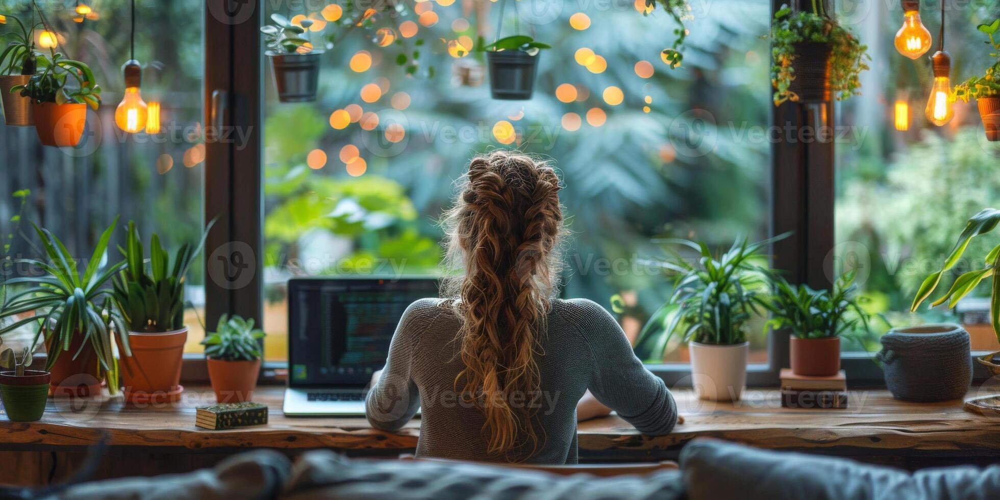 A woman is using a laptop computer while sitting on a window sill photo