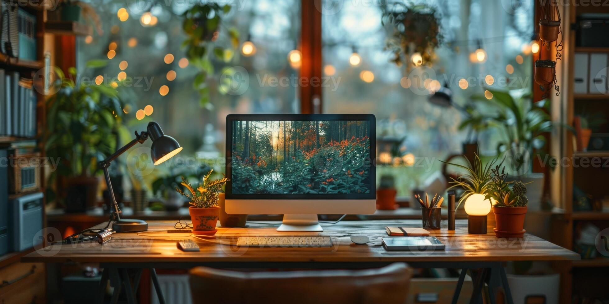 A computer is placed on a wooden desk by a window photo