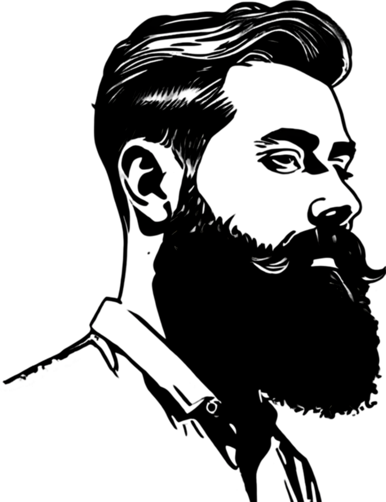 Rugged bearded man's face showcased in striking black stencil. AI-generated. png