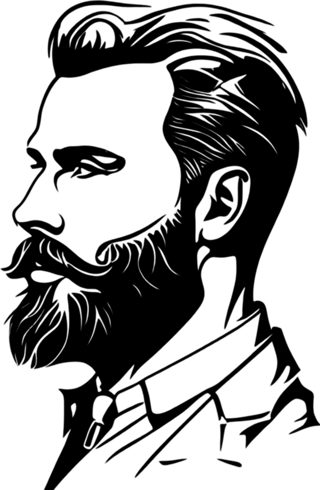 Rugged bearded man's face showcased in striking black stencil. AI-generated. png