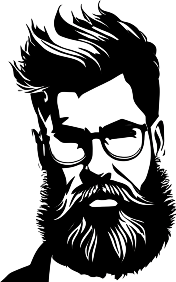 Rugged bearded man's face showcased in striking black stencil. AI-generated. png