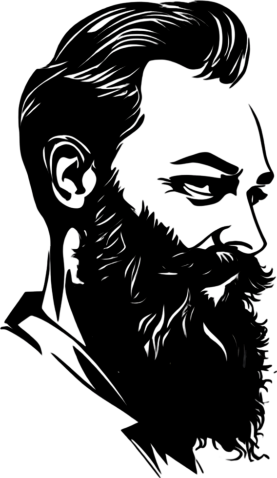 Rugged bearded man's face showcased in striking black stencil. AI-generated. png