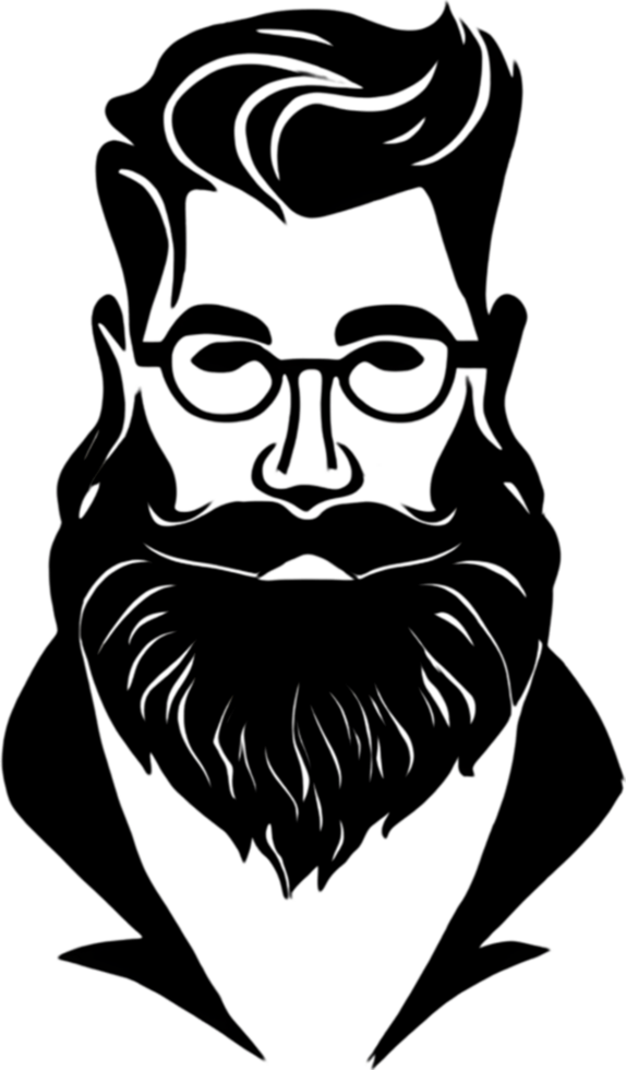 Rugged bearded man's face showcased in striking black stencil. AI-generated. png