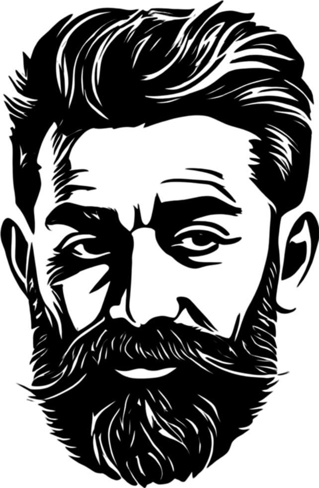 Rugged bearded man's face showcased in striking black stencil. AI-generated. png