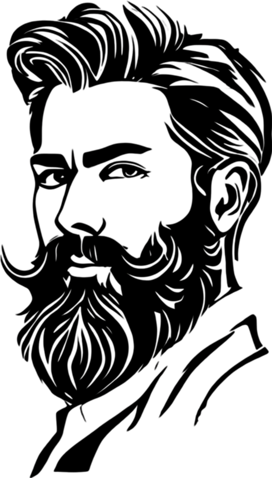 Rugged bearded man's face showcased in striking black stencil. AI-generated. png