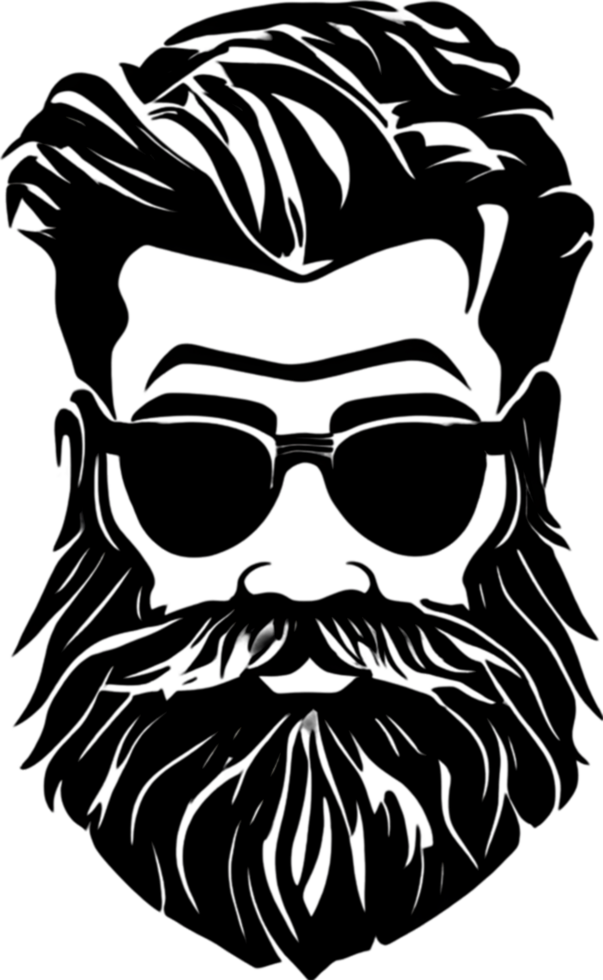 Rugged bearded man's face showcased in striking black stencil. AI-generated. png