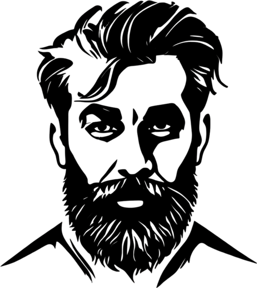 Rugged bearded man's face showcased in striking black stencil. AI-generated. png
