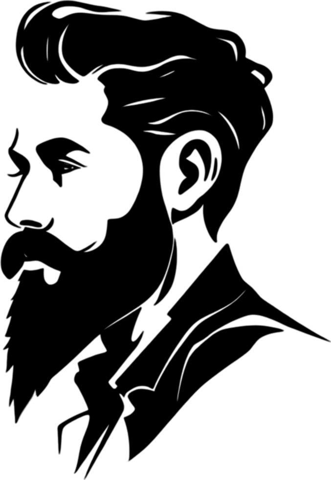 Rugged bearded man's face showcased in striking black stencil. AI-generated. png