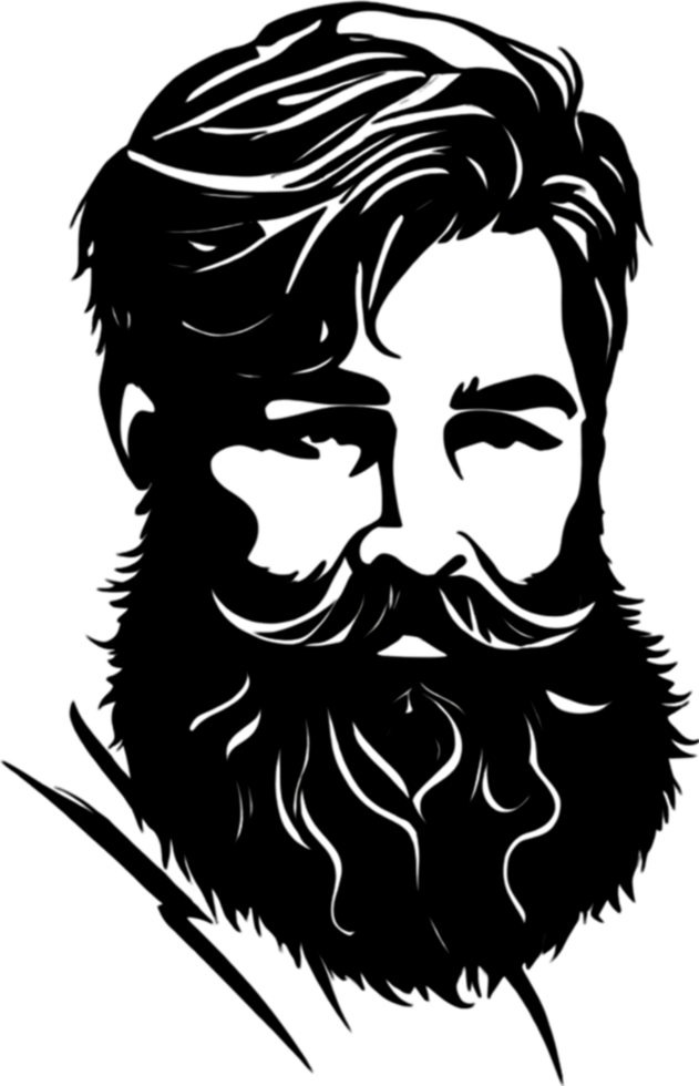 Rugged bearded man's face showcased in striking black stencil. AI-generated. png