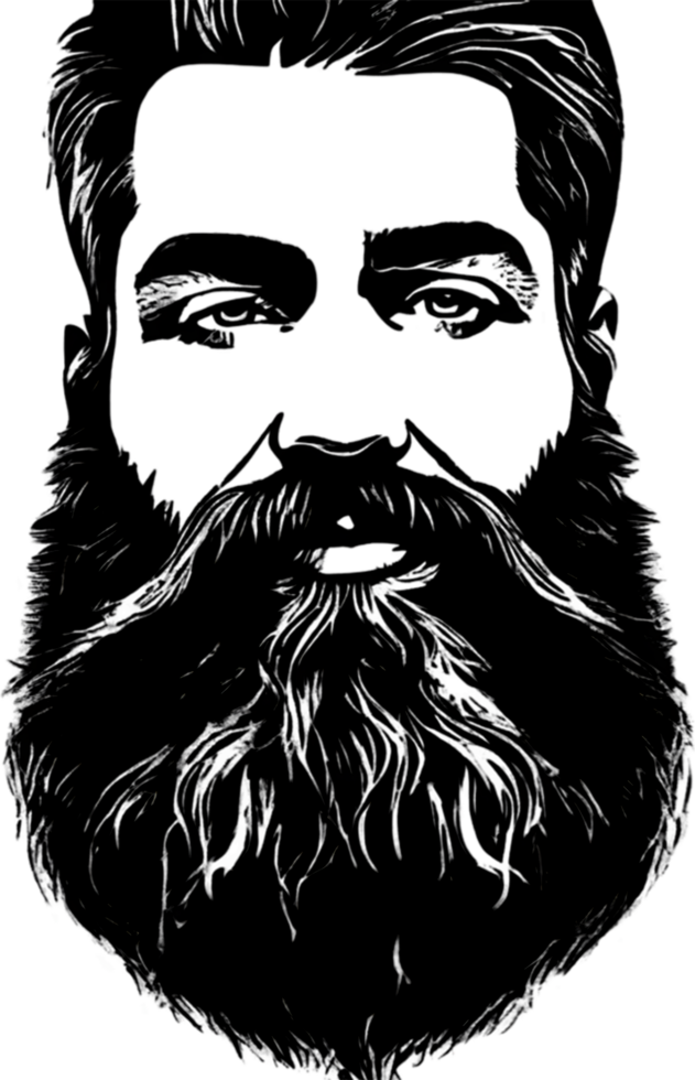 Rugged bearded man's face showcased in striking black stencil. AI-generated. png
