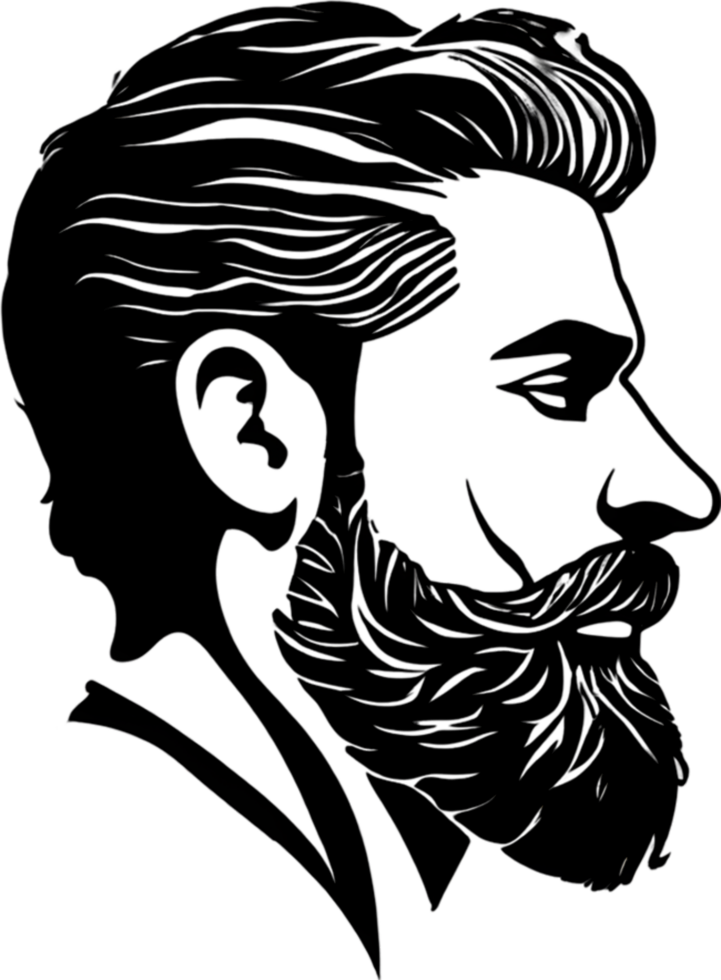Rugged bearded man's face showcased in striking black stencil. AI-generated. png