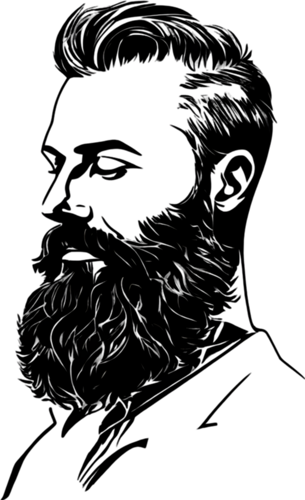 Rugged bearded man's face showcased in striking black stencil. AI-generated. png