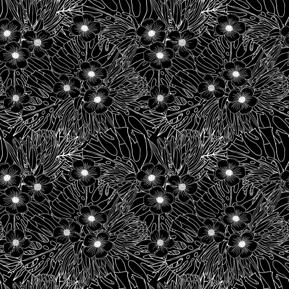 A black and white floral pattern with many small white flowers The flowers are arranged in a way that creates a sense of depth and movement. Scene is serene and calming vector