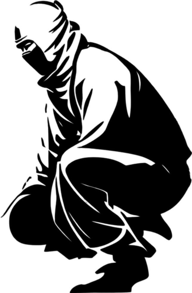Full-body Ninja black stencil dynamic silhouette for artistic projects. AI-generated. png