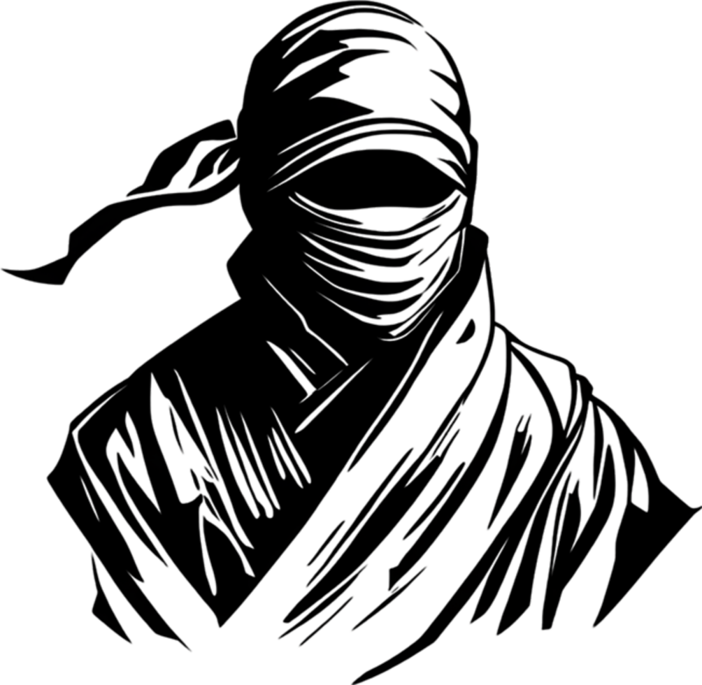 Mysterious ninja silhouette emerges from shadowy black stencil. AI-generated. png