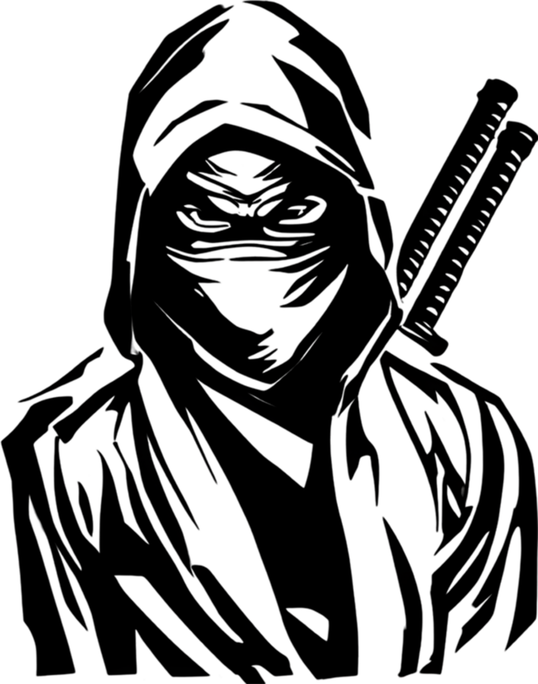 Mysterious ninja silhouette emerges from shadowy black stencil. AI-generated. png