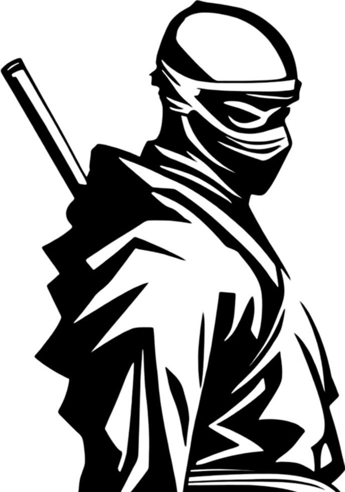 Mysterious ninja silhouette emerges from shadowy black stencil. AI-generated. png