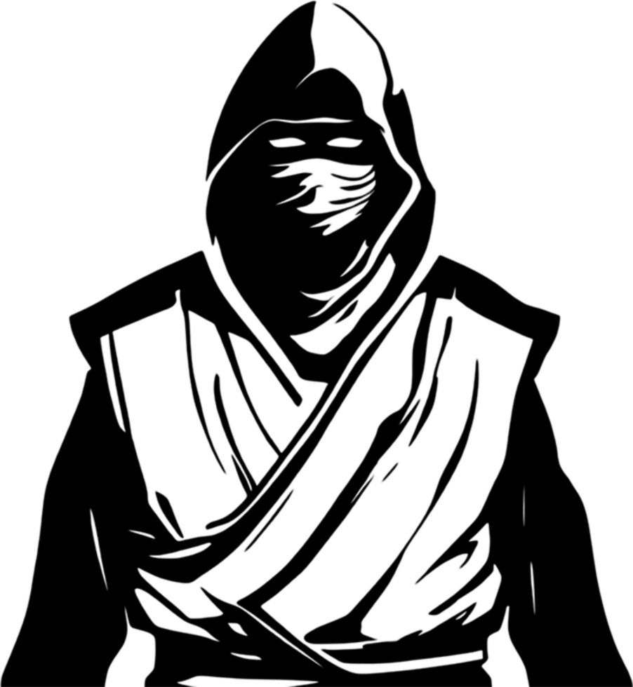 Mysterious ninja silhouette emerges from shadowy black stencil. AI-generated. png
