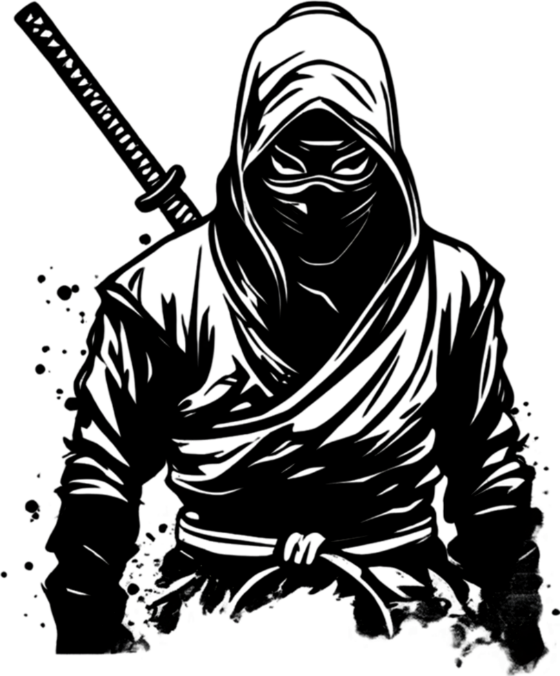 Mysterious ninja silhouette emerges from shadowy black stencil. AI-generated. png