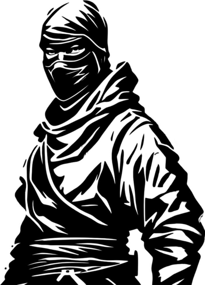 Mysterious ninja silhouette emerges from shadowy black stencil. AI-generated. png