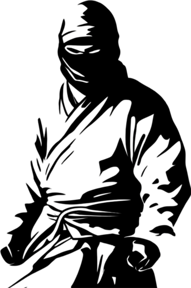 Mysterious ninja silhouette emerges from shadowy black stencil. AI-generated. png