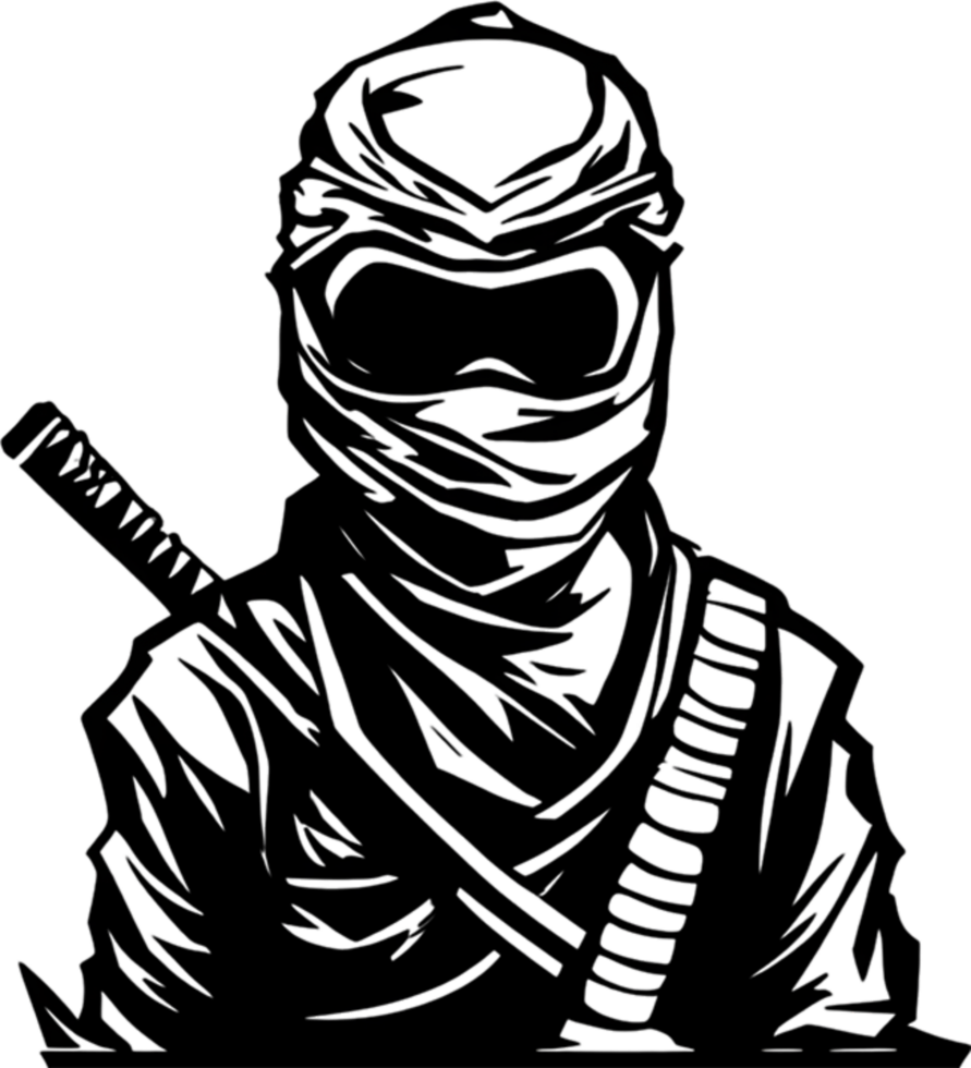 Mysterious ninja silhouette emerges from shadowy black stencil. AI-generated. png