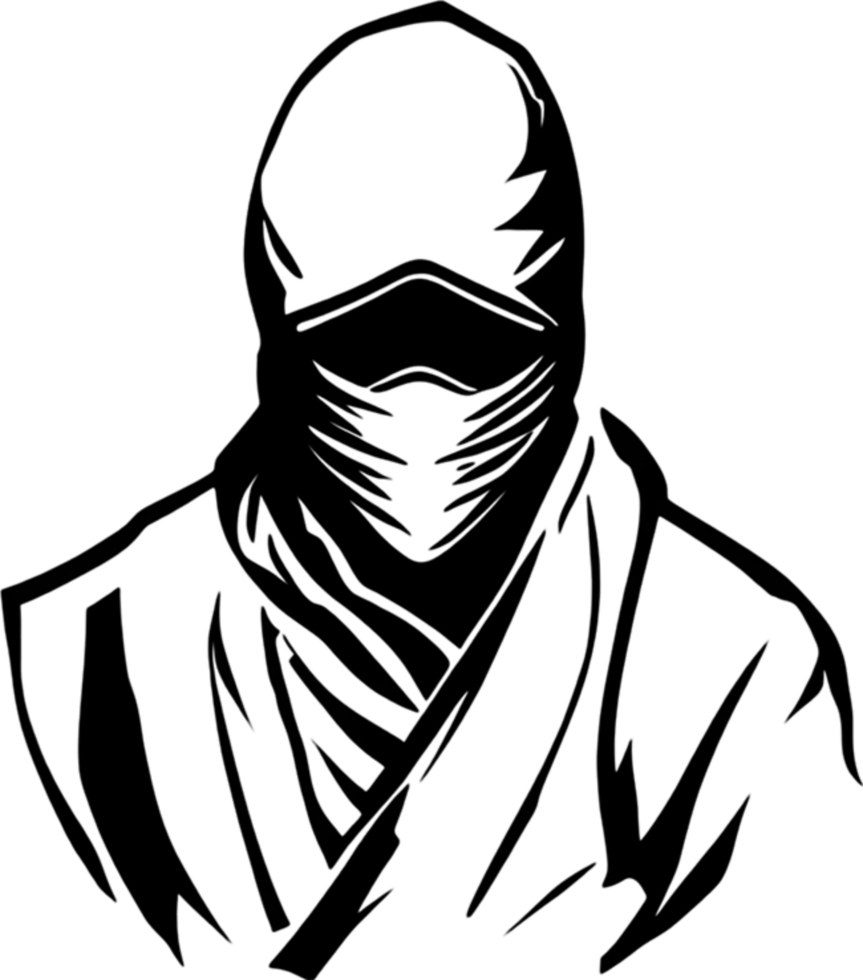 Mysterious ninja silhouette emerges from shadowy black stencil. AI-generated. png