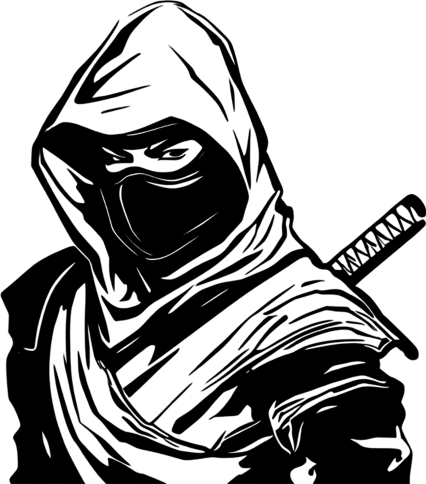 Mysterious ninja silhouette emerges from shadowy black stencil. AI-generated. png