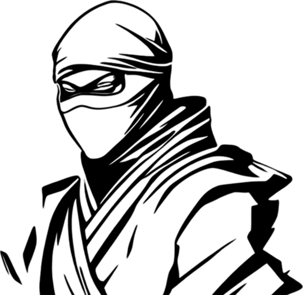 Mysterious ninja silhouette emerges from shadowy black stencil. AI-generated. png