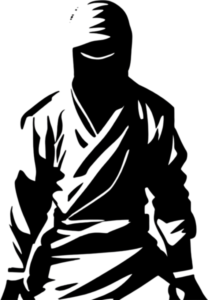 Mysterious ninja silhouette emerges from shadowy black stencil. AI-generated. png