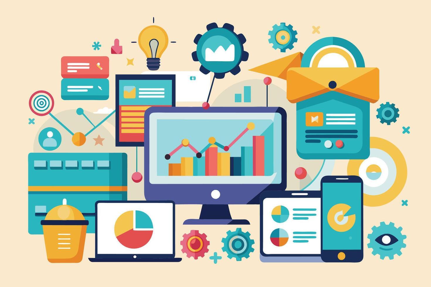 An illustration depicting various digital marketing elements such as data analysis, website design, social media marketing, email marketing, and mobile optimization. vector