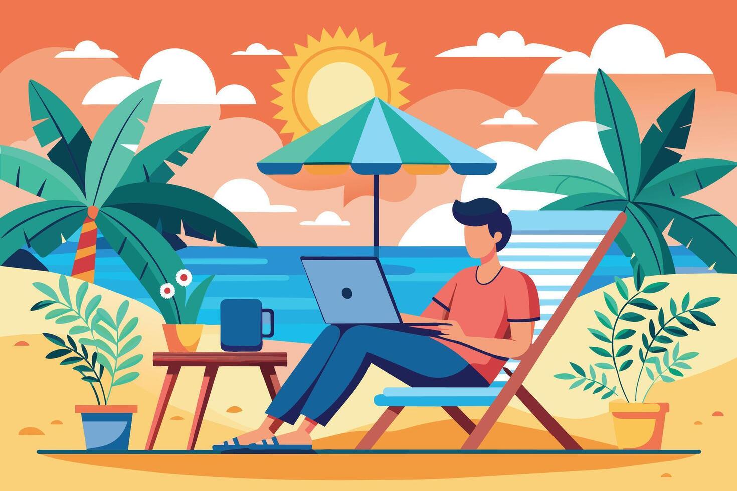 A man sits on a beach chair under an umbrella, working on his laptop while enjoying the beautiful beach scenery. vector