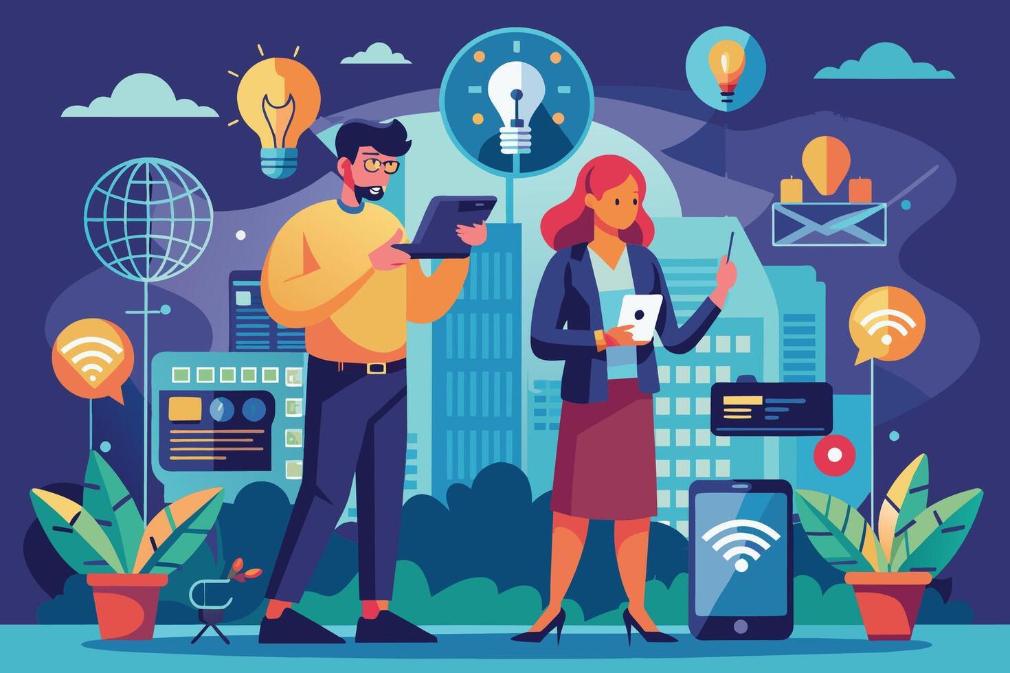 un digital ilustración representando dos gente, uno hombre y uno mujer, colaborando en trabajo utilizando un ordenador portátil y tableta computadora. vector