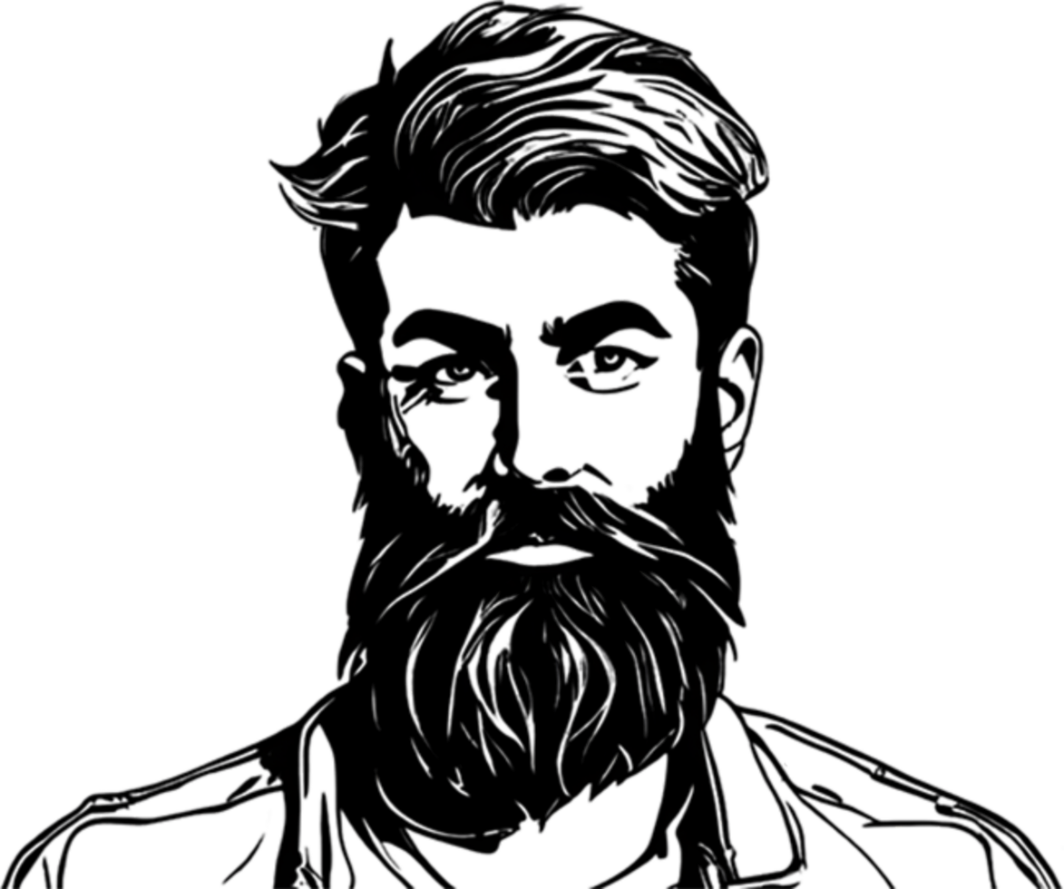 Rugged bearded man's face showcased in striking black stencil. AI-generated. png
