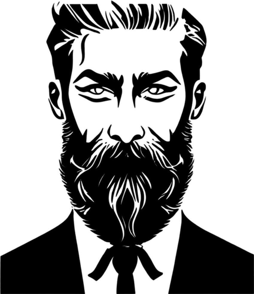 Rugged bearded man's face showcased in striking black stencil. AI-generated. png