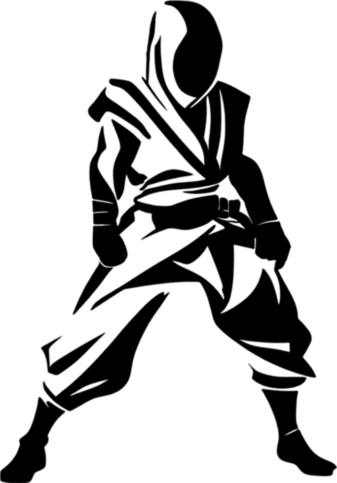 Full-body Ninja black stencil dynamic silhouette for artistic projects. AI-generated. png