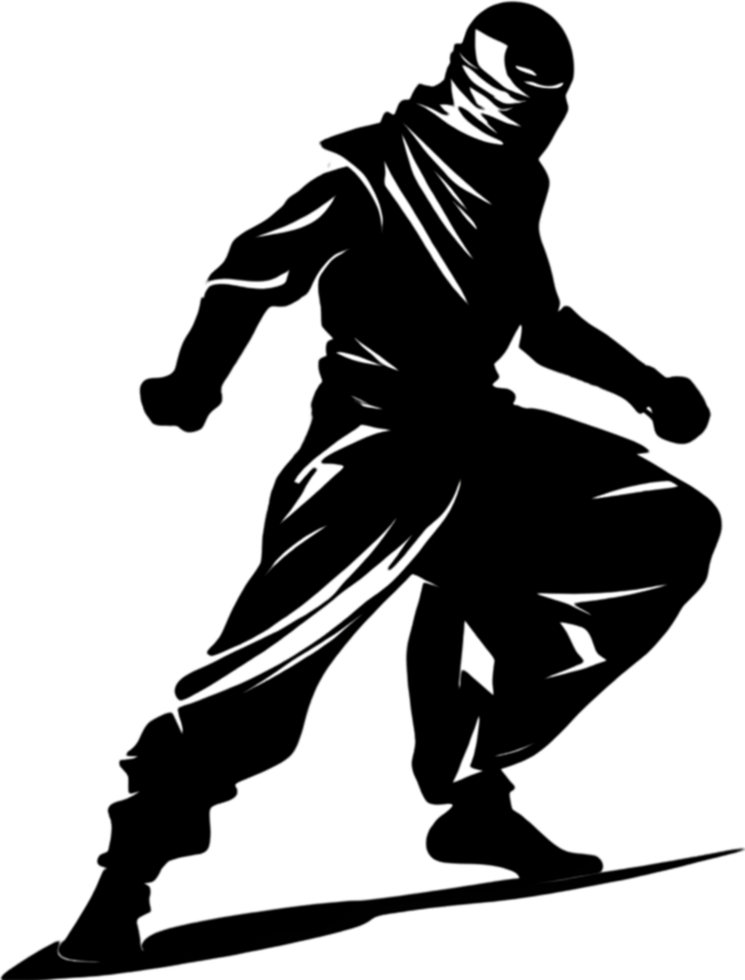 Full-body Ninja black stencil dynamic silhouette for artistic projects. AI-generated. png